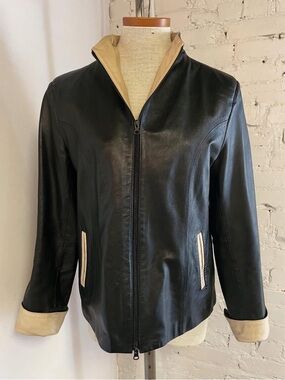 Classic Black Leather Jacket with Cream Trim by Jimmy’s Leather Collection